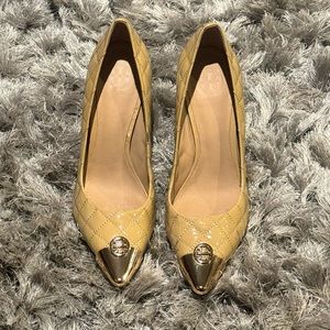 Tory Burch Camel & Gold Quilted Patent Leather Pumps Size 9 1/2